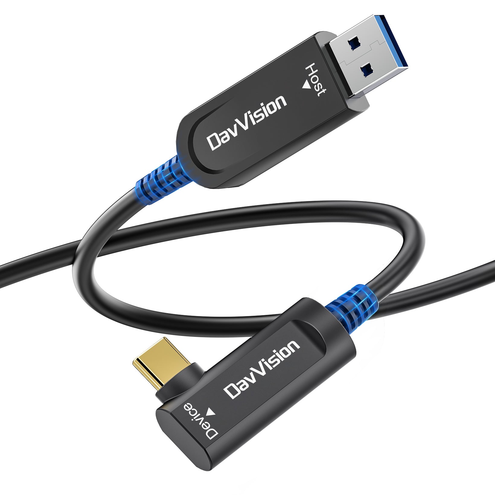 USB A to USB C Fiber Optic Cable Right Angle 33FT-50FT, 10Gbps USB 3.2 Gen2 Extension Cable