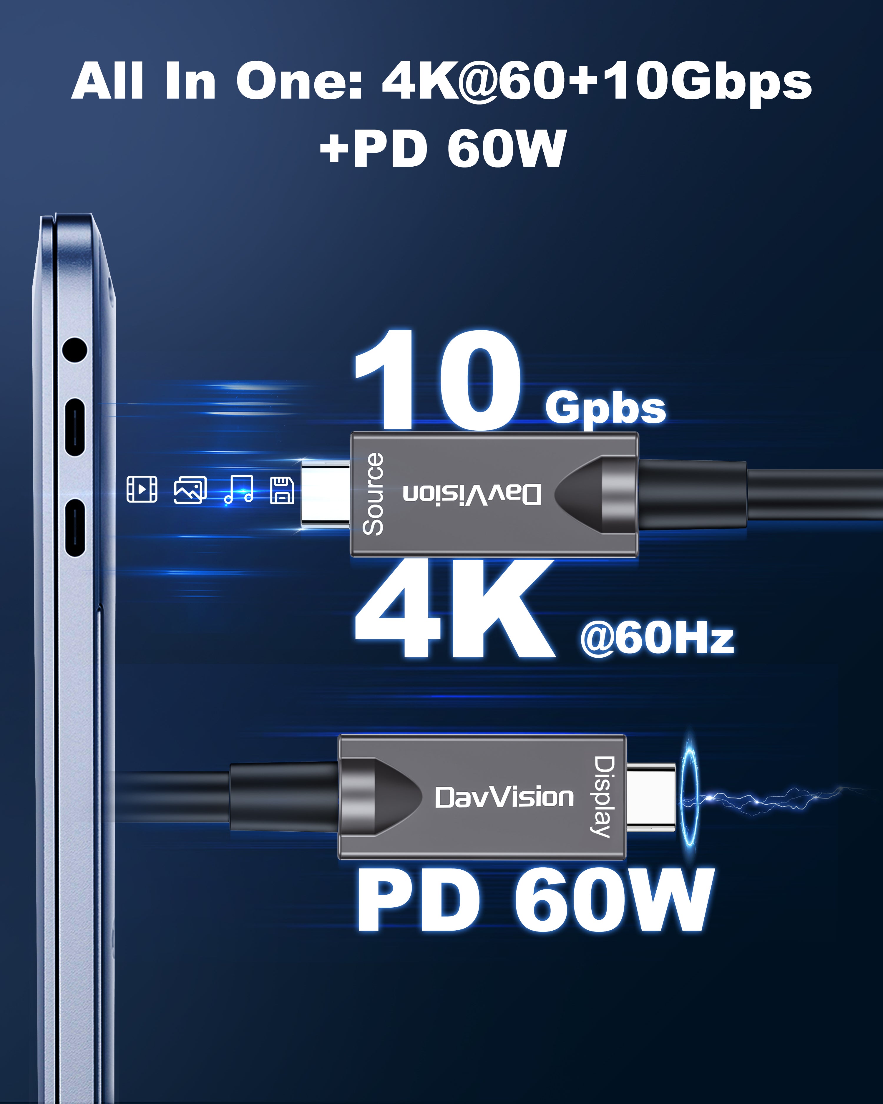Full-Featured USB C Fiber Optic Video Cable 33FT-50FT, Support 10Gbps,PD 60W,4K@60Hz