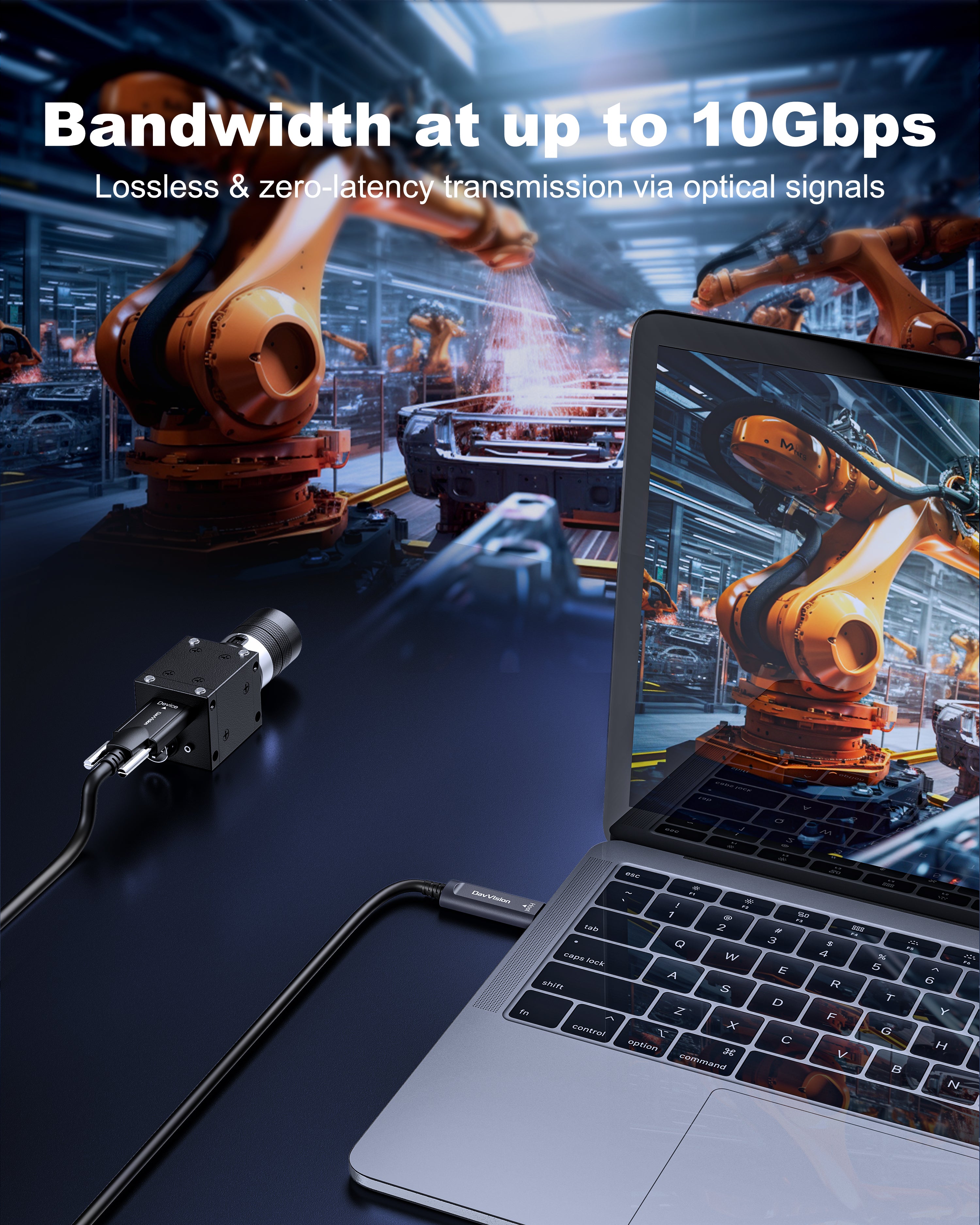 USB C Fiber Optic Cable with Side Screw Lock 33 FT-50FT, 10Gbps USB 3.2 Gen2 Active USB C Cable