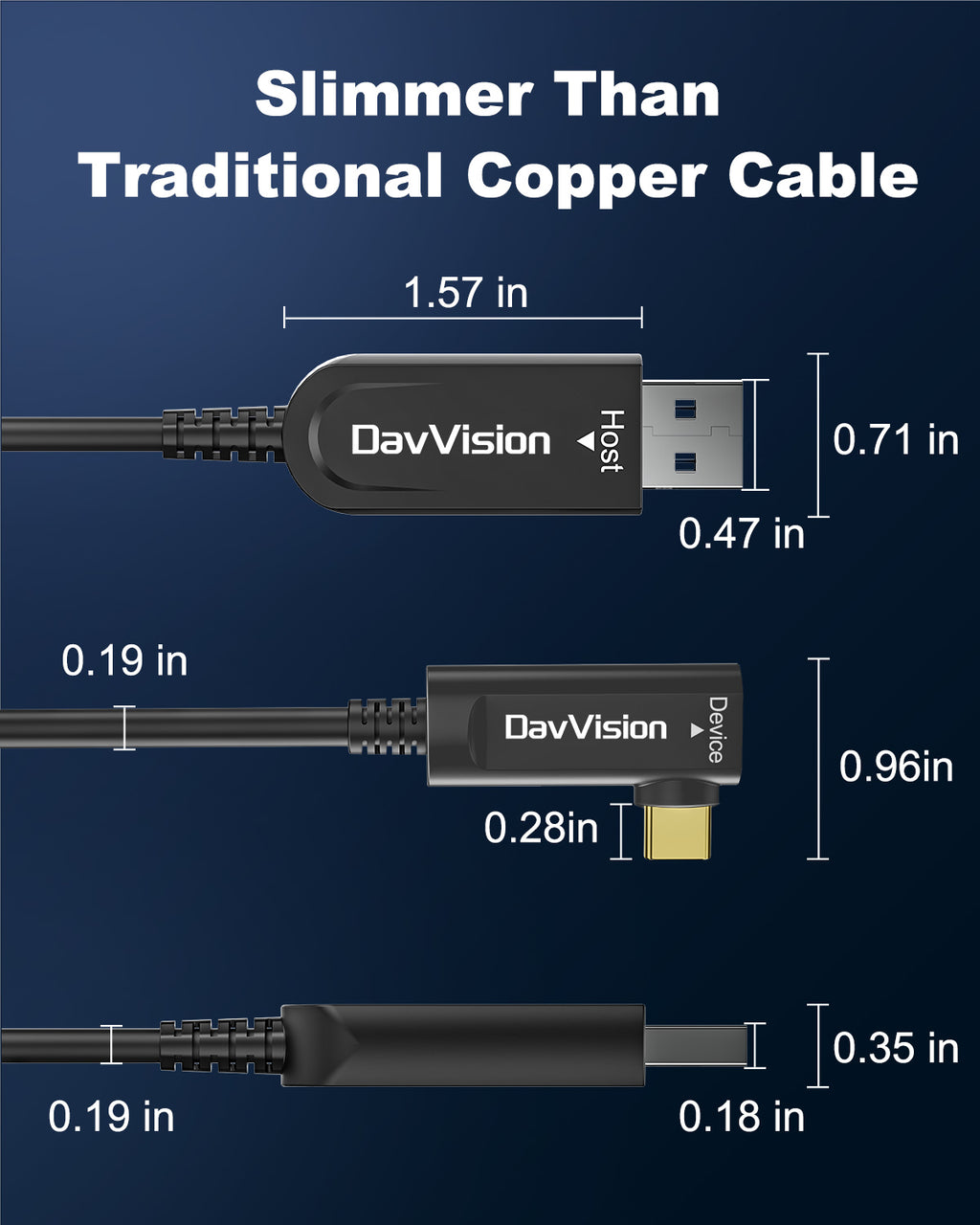 USB A to USB C Fiber Optic Cable Right Angle 33FT-50FT, 10Gbps USB 3.2 Gen2 Extension Cable